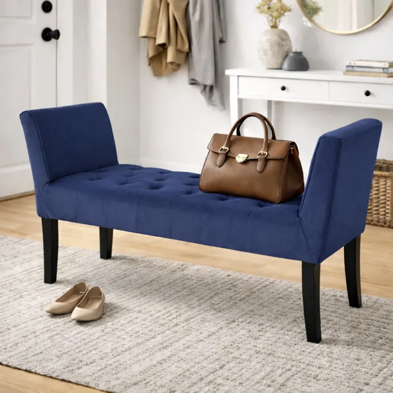 Nuovo Arrivo Panca Blu con Piedi in Legno e Rivestimento Velluto Camera da Letto Ingresso