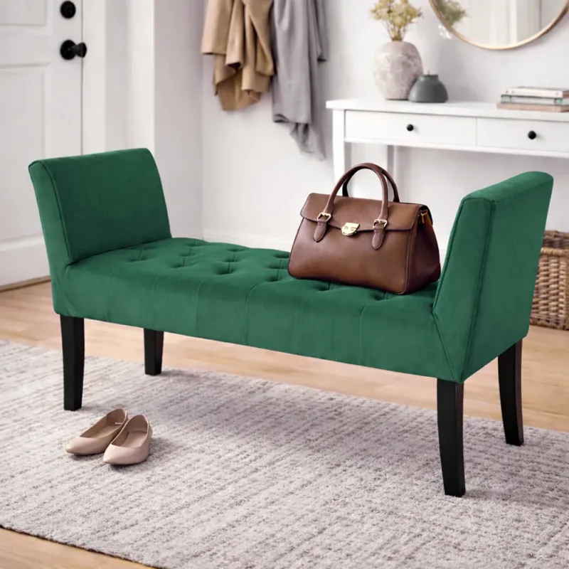 Esclusivo Panca Verde con Piedi in Legno e Rivestimento Velluto Camera da Letto Ingresso