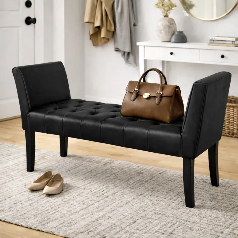 Panca Nero con Piedi in Legno e Rivestimento Ecopelle Camera da Letto Ingresso Offerta Lampo