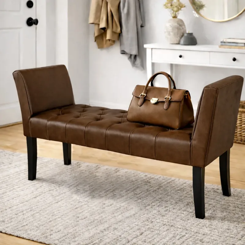 Occasione Panca Marrone con Piedi in Legno Rivestimento Ecopelle Camera da Letto Ingresso