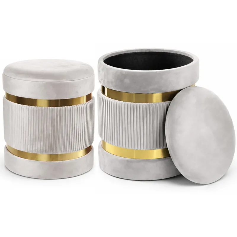 Professionale Set 2 Pouf Contenitore Avorio con Rivestimento Velluto Morbido Sgabelli Moderni
