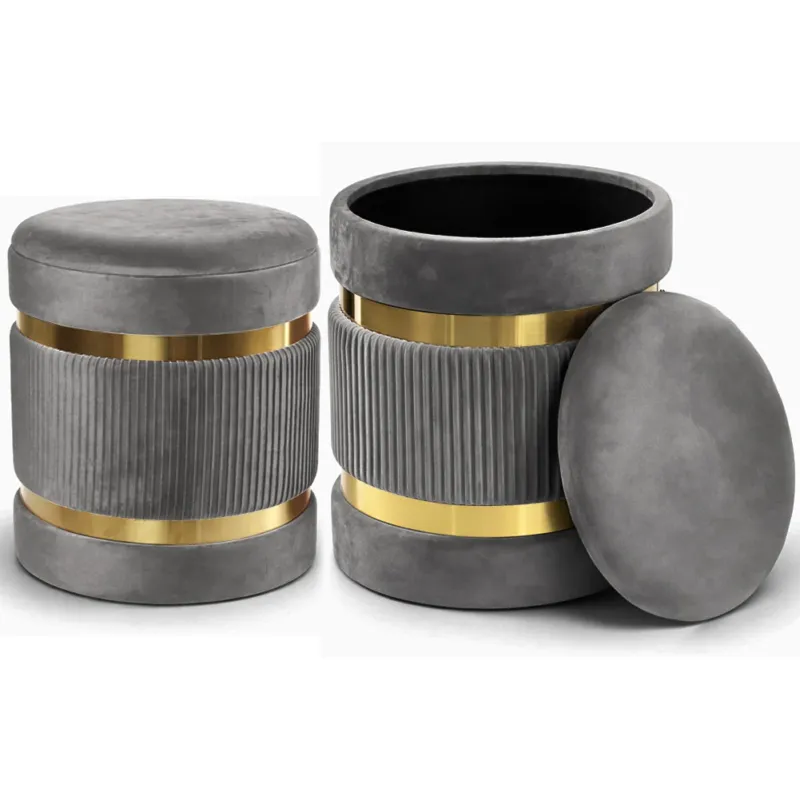 Set 2 Pouf Contenitore Grigio con Rivestimento Velluto Morbido Sgabelli Moderni Esclusivo
