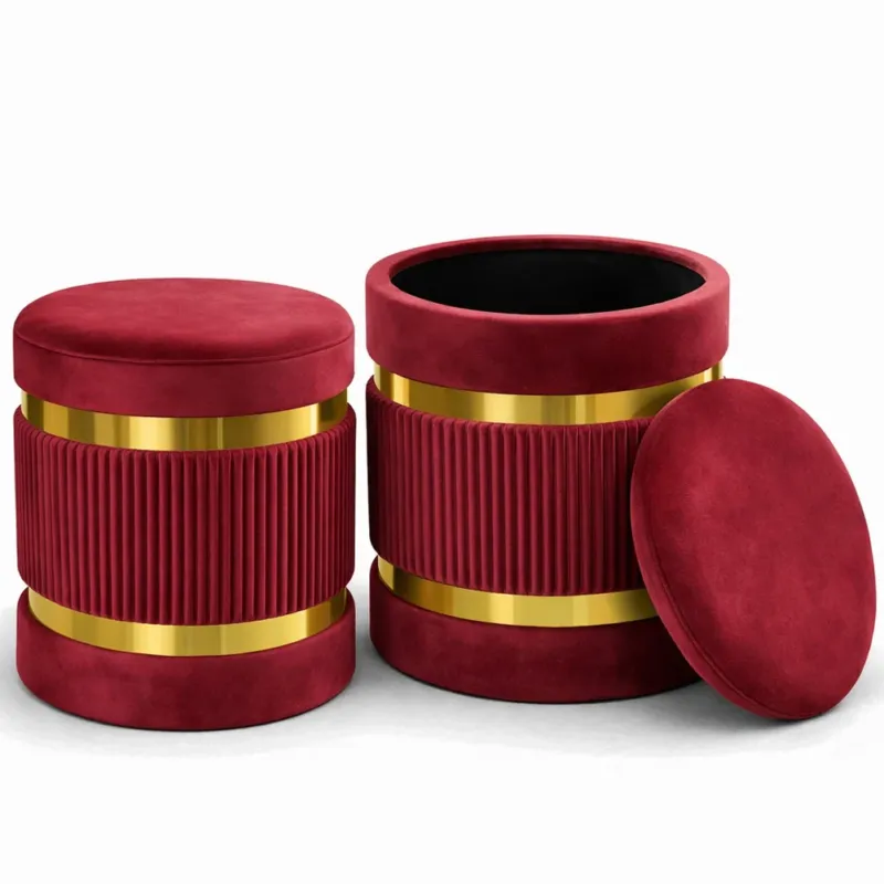 Subito Disponibile Set 2 Pouf Contenitore Bordeaux con Rivestimento Velluto Morbido Sgabelli Moderni