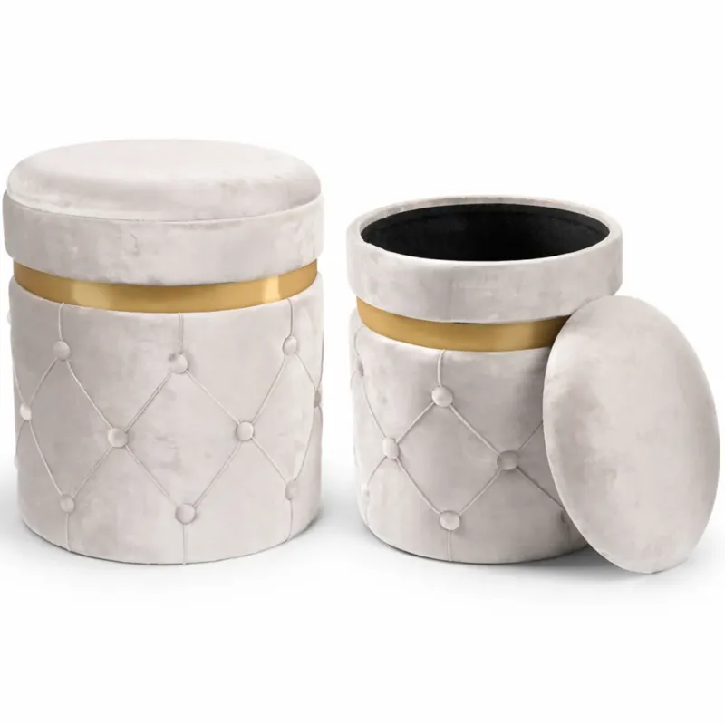 Set 2 Pouf Contenitori Avorio in Velluto con Design Trapuntato 38x44cm 31x38cm Vendita Finale