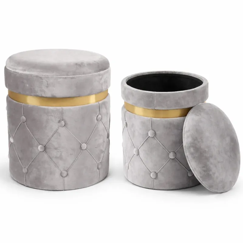 Set 2 Pouf Contenitori Grigio in Velluto con Design Trapuntato 38x44cm 31x38cm Ordina Subito