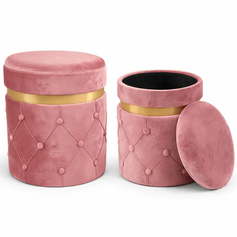 Set 2 Pouf Contenitori Rosa in Velluto con Design Trapuntato 38x44cm 31x38cm Novità