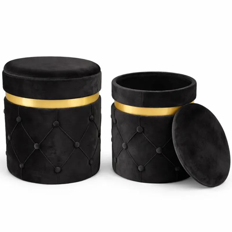 Set 2 Pouf Contenitori Nero in Velluto con Design Trapuntato 38x44cm 31x38cm Ordina Subito