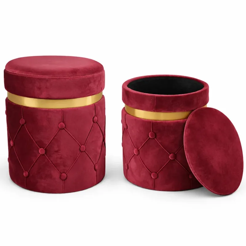 Set 2 Pouf Contenitori Bordeaux in Velluto con Design Trapuntato 38x44cm 31x38cm Offerta Del Giorno