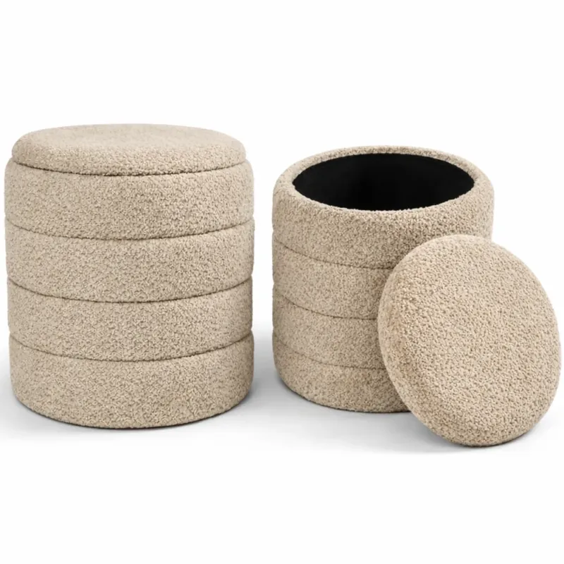 Occasione Imperdibile Set 2 Pouf Contenitori Rivestimento Bounclè Beige Seduta Imbottita Ergonomica