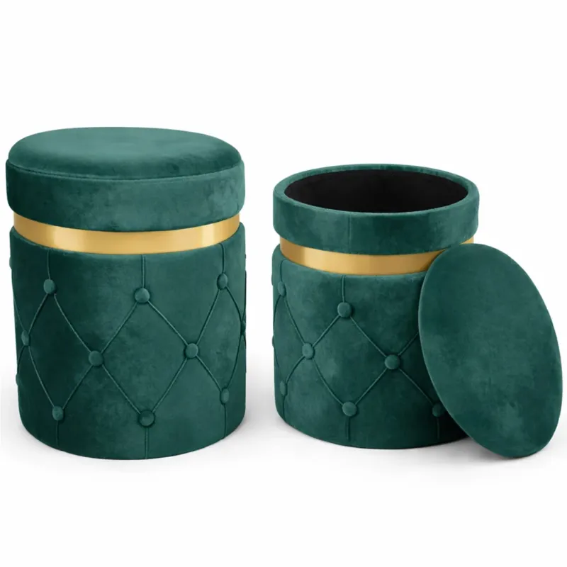 Set 2 Pouf Contenitori Verde in Velluto con Design Trapuntato 38x44cm 31x38cm Compra Adesso