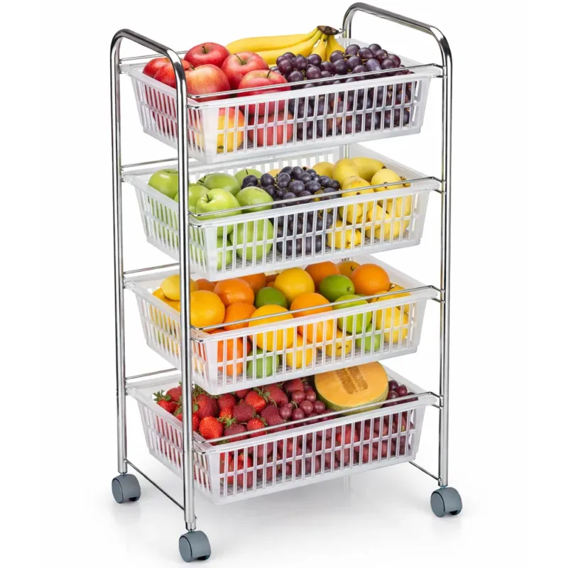 Carrello Portafrutta con 4 Cestelli in Plastica e Struttura Metallo 47x32x87cm Professionale