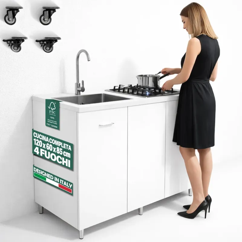Cucina Completa 120x60 cm Bianco con Piano Cottura 4 Fuochi Lavello Rubinetteria Direttamente Dal Produttore