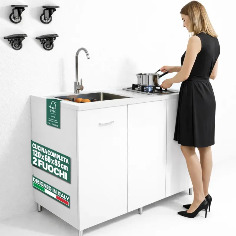 Cucina Completa 120x60cm Bianco Piano Cottura 2 Fuochi Lavello con Rubinetteria Compra Adesso