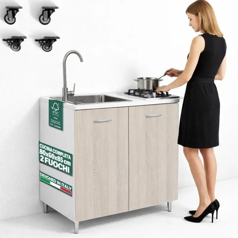 Cucina Completa 80x60cm Olmo Piano Cottura 2 Fuochi Lavello con Rubinetteria A Buon Prezzo