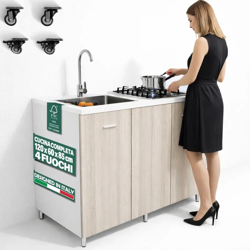 Spedizione Espresso Cucina Completa 120x60cm Olmo Piano Cottura 4 Fuochi Lavello con Rubinetteria