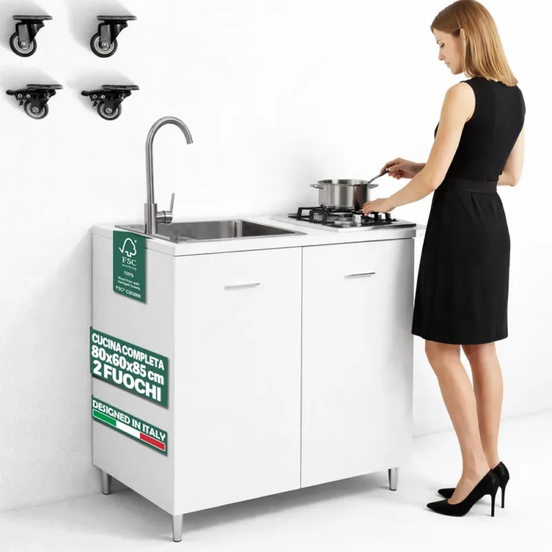 Acquista Ora Cucina Completa 80x60cm Bianco Piano Cottura 2 Fuochi Lavello con Rubinetteria