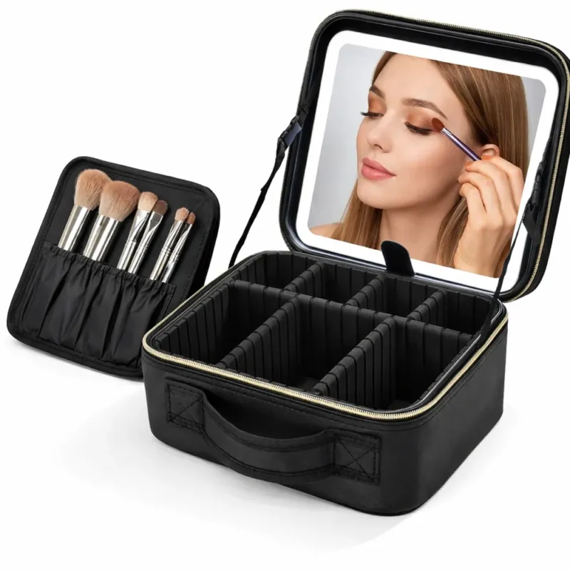 Borsa Nera Porta Trucchi con Led Specchio ed Illuminazione Organizer Scomparti Spedito Oggi