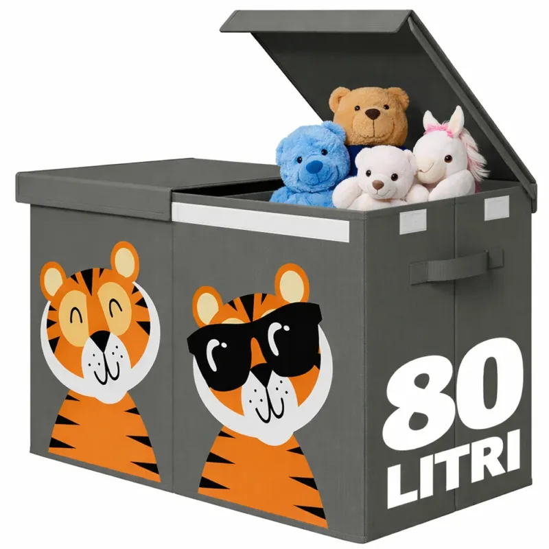 Box Contenitore Giocattoli con Animali Doppio Pieghevole 80L Grigio Salvaspazio Scelto Dai Clienti