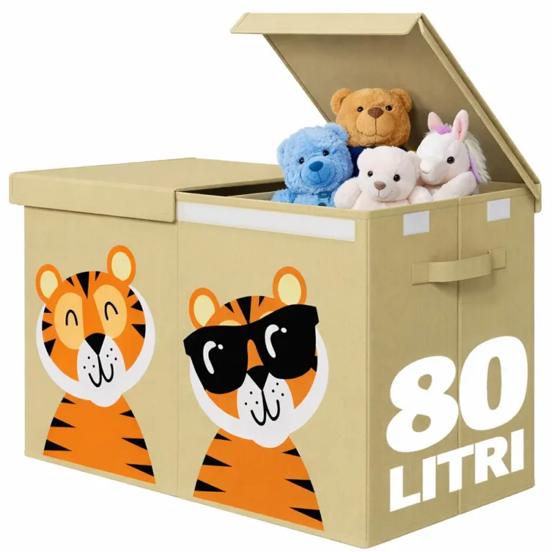 Box Contenitore Giocattoli con Animali Doppio Pieghevole 80L Beige Salvaspazio Spedizione Espresso