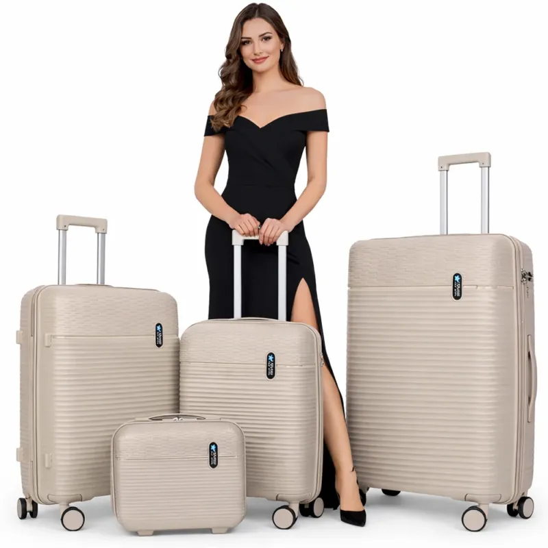 Set 3+1 Valigie Rigide Beauty Case Bagaglio Trolley Beige con Ruote Easy Roll Ultima Occasione