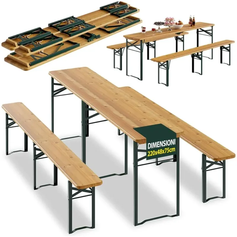 Set Birreria con 2 Panche e Tavolo Pieghevole Seduta Ergonomica Lunghezza 220cm Prezzo Basso
