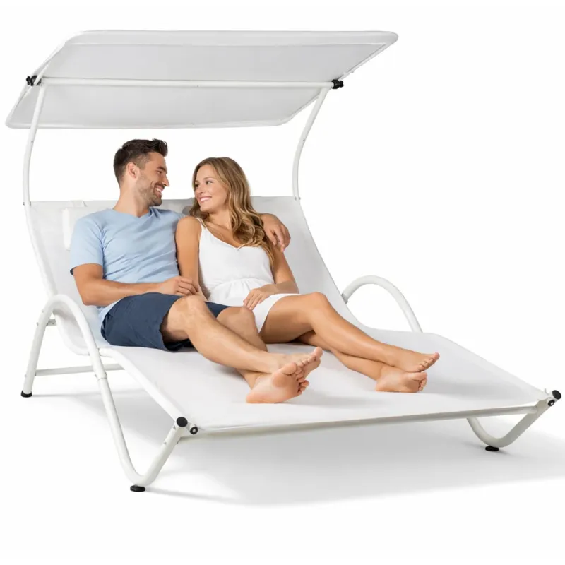 Lettino Lounge 2 Posti da Esterno Bianco Tetto Parasole Anti UV Giardino Patio A Buon Prezzo