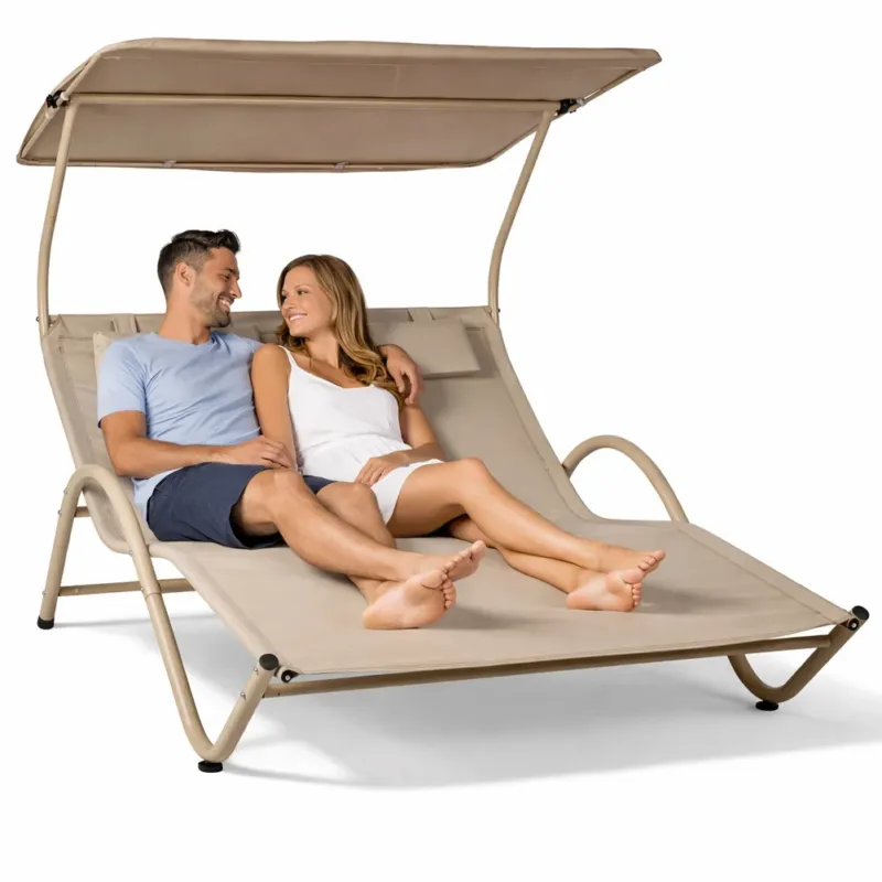 Subito Disponibile Lettino Lounge 2 Posti da Esterno Sabbia Tetto Parasole Anti UV Giardino Patio