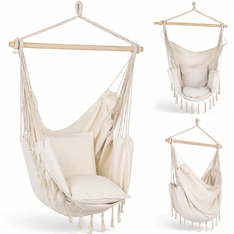Spedito Oggi Amaca Poltrona con Cuscino Sospesa Bianco da Esterno e Interno 100x75x130cm