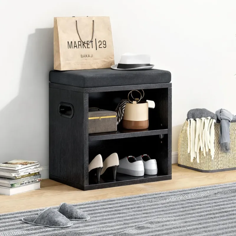 Panca Scarpiera da ingresso Nera con cuscino imbottito e mensola 44 x 30 x 40 cm Compra Online