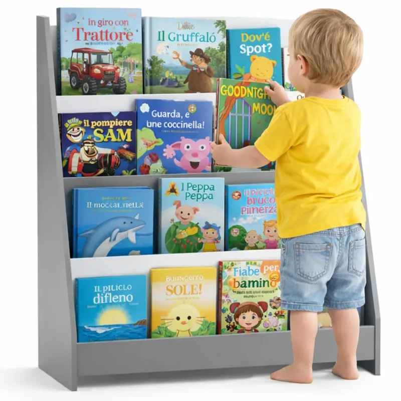 Libreria Montessoriana Grigio in Legno Scaffale Porta Libri Bambini 80x30x88cm Occasione Imperdibile