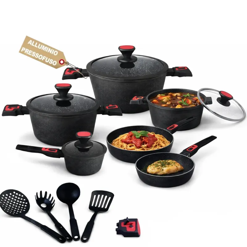 Batteria Pentole Rubino Suprem 24PZ Alluminio Pressofuso Nero Manici Removibili Miglior Prezzo