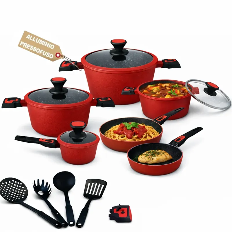 Batteria Pentole Rubino Suprem 24PZ Alluminio Pressofuso Rosso Manici Removibili Miglior Prezzo