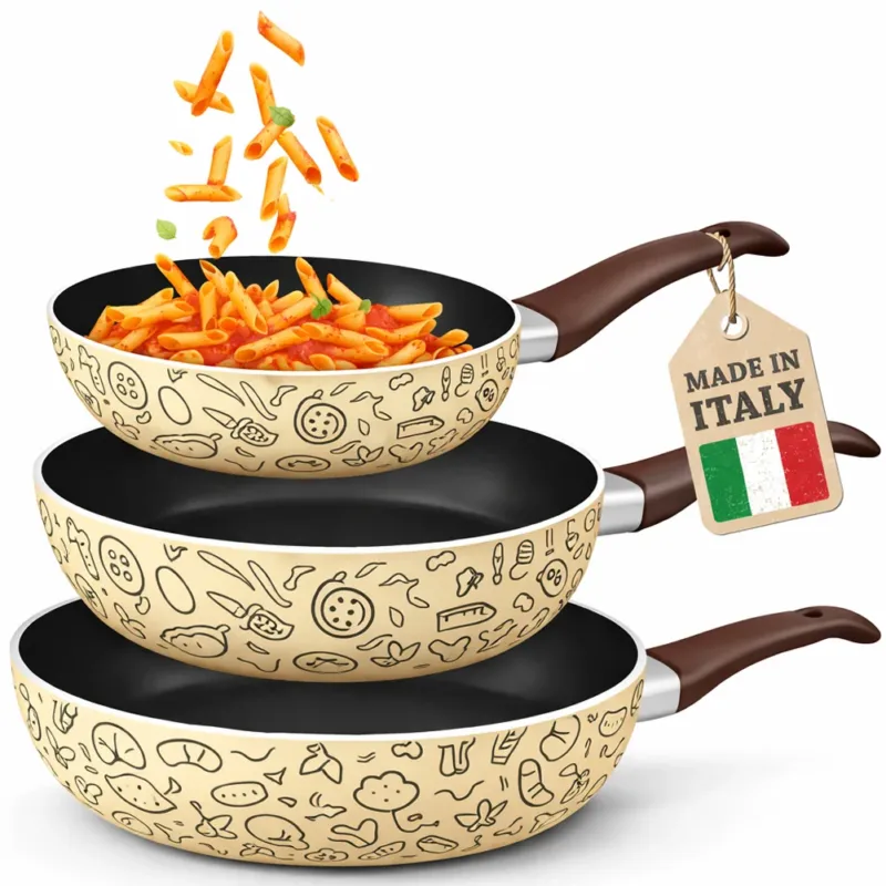 Must-Have Tris Padelle Pastella 20-24-28 cm Antiaderente Manico Soft Touch Made in Italy