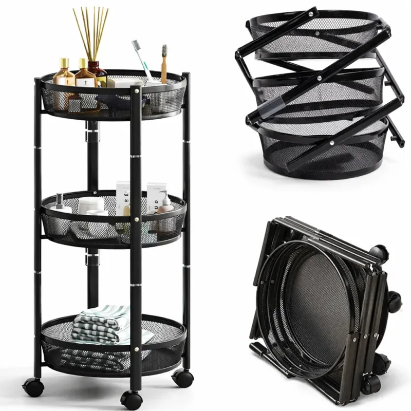 Pagamento Sicuro Carrello Pieghevole Salvaspazio Nero con 3 Ripiani Organizer Versatile 88x35cm
