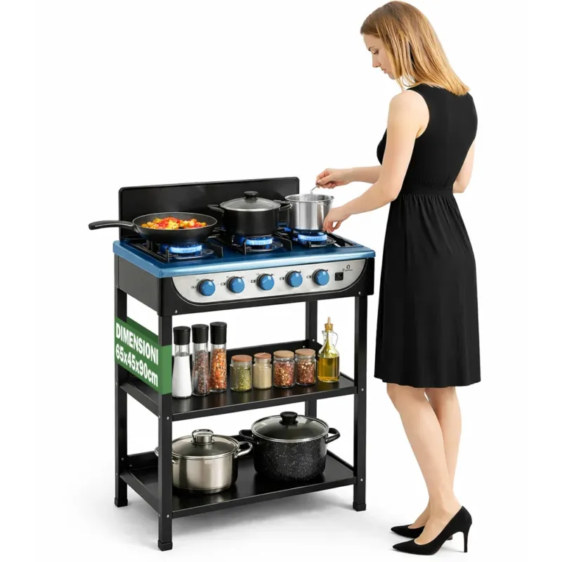 Offerta Speciale Cucina a Gas GPL 5 Fuochi da Esterno Cucinotto Portatile in Acciaio 65x45x90cm