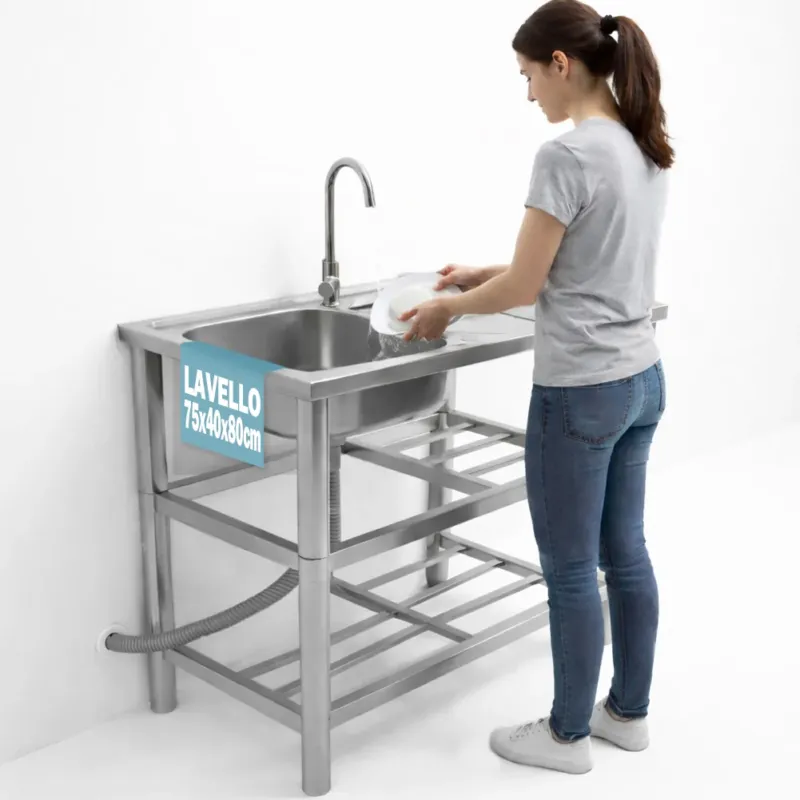 Professionale Lavello in Acciaio Inox Rubinetteria e Kit Sifone Ideale per Esterno 75x40x80cm