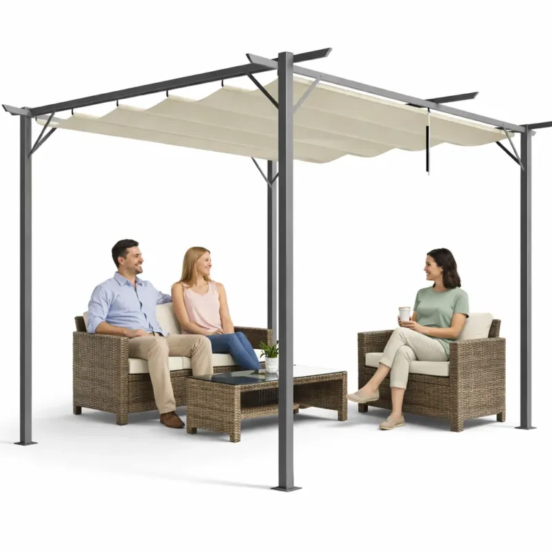Ultimissimo Modello Pergola Gazebo Retrattile da Giardino 3x3 Metri Beige Anti UV e Impermeabile