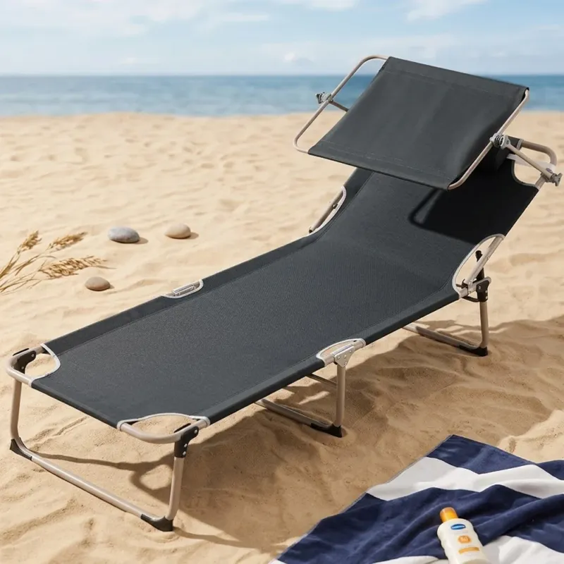 A Buon Prezzo Lettino Prendisole da Spiaggia Pieghevole Schienale Reclinabile Parasole Grigio