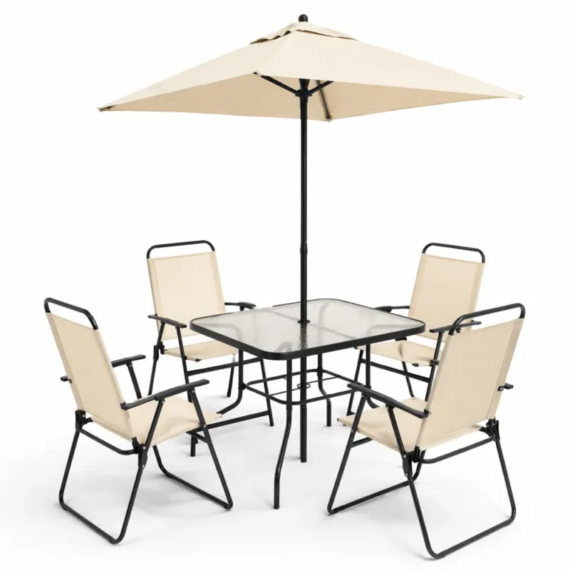 Set da Pranzo 6 Pezzi per Giardino Patio con Ombrellone 4 Sedie Pieghevoli Beige Soddisfatti O Rimborsati