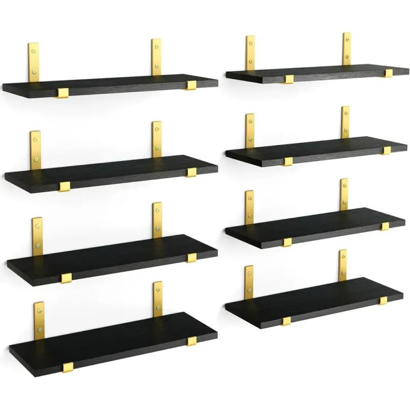 Set 8 Mensole da Parete in Legno Nero e Staffe Oro Scaffalatura da Muro 40x15cm Ordina Subito