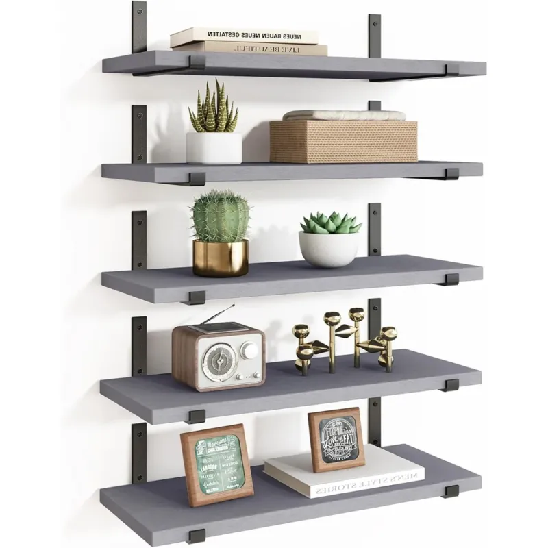 Set 5 Mensole da Parete Grigio Scaffali da Muro con Staffe in Metallo 40x12 cm Promozione