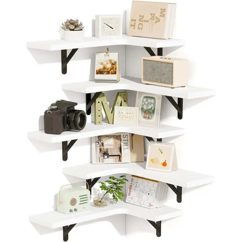 Compra Online Set 5 Mensole Angolari a Parete in Legno Bianco Mensola Scaffale Angolo da Muro