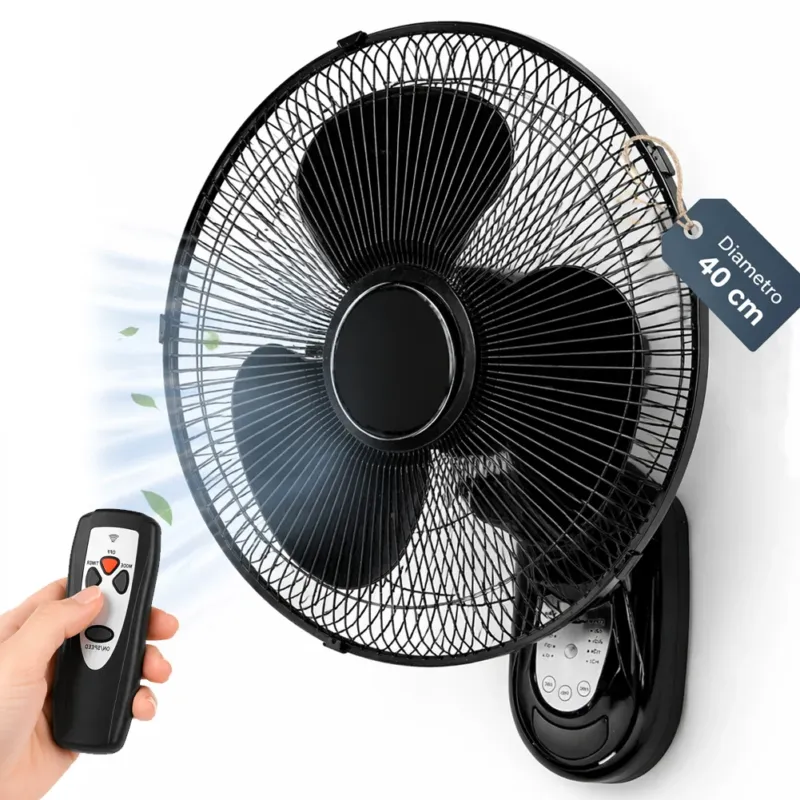 Professionale Ventilatore da Parete Nero 40cm con Telecomando Installazione a Muro Silenzioso