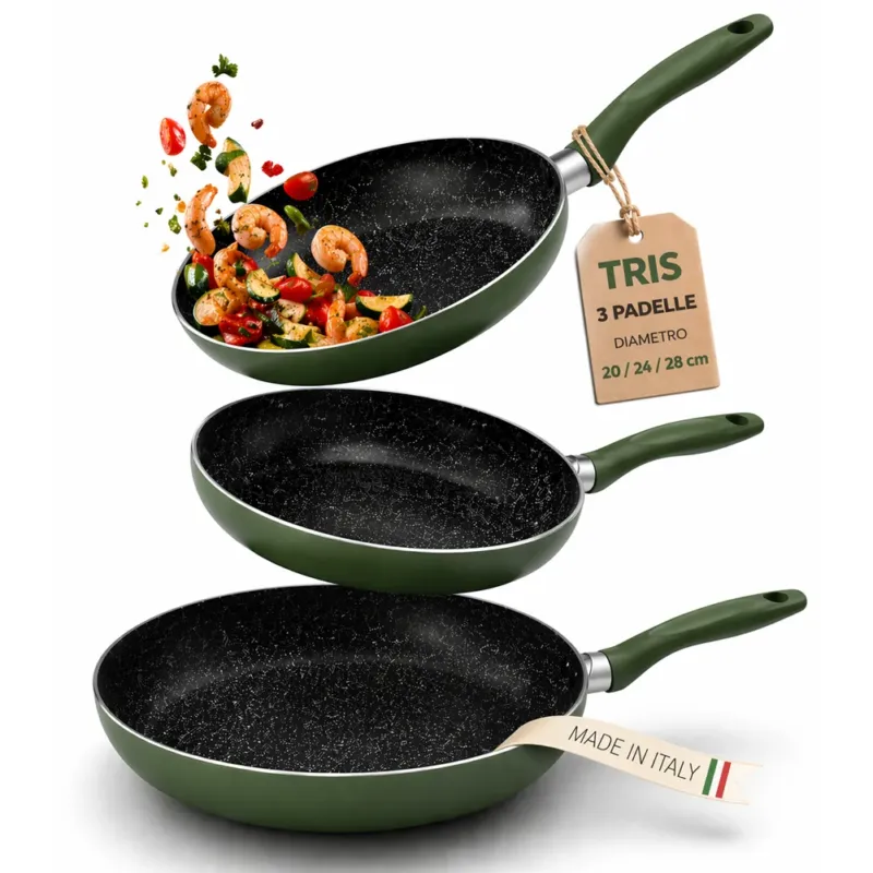 Compra Oggi Stesso Tris Padelle Natura Più Verde da 20/24/28cm Manico Cool Touch Fondo Antiaderente