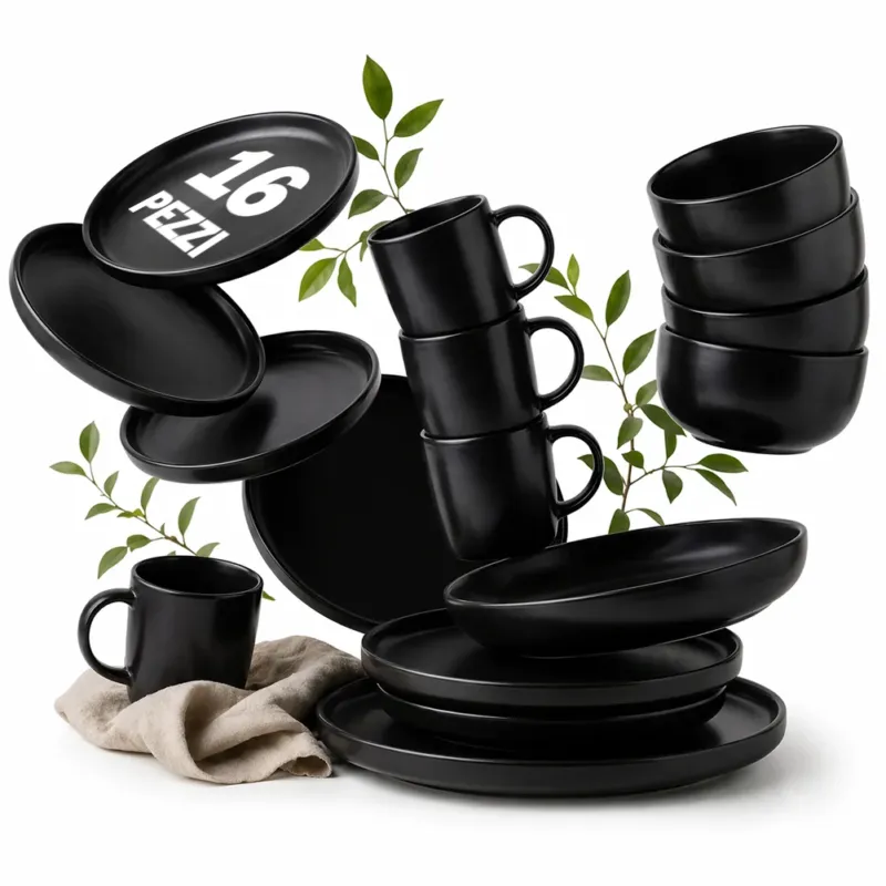 Prezzo Di Fabbrica Servizio Piatti da 16 Pezzi Nero per 4 Persone in Gres Smaltato Design Moderno