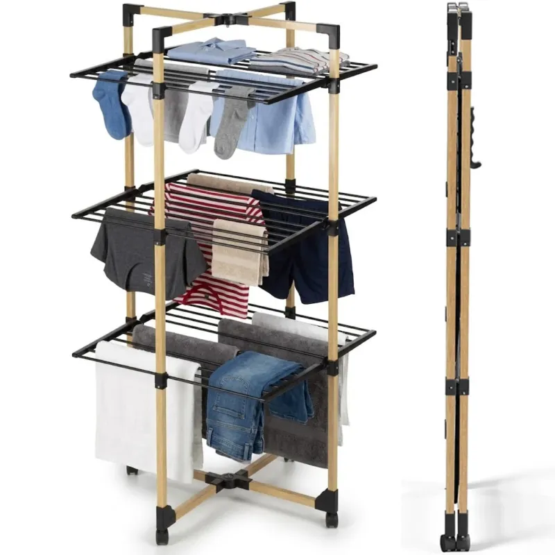 Stendibiancheria a Torre Verticale Pieghevole a 3 Livelli 69x136x69cm con Ruote Bestseller