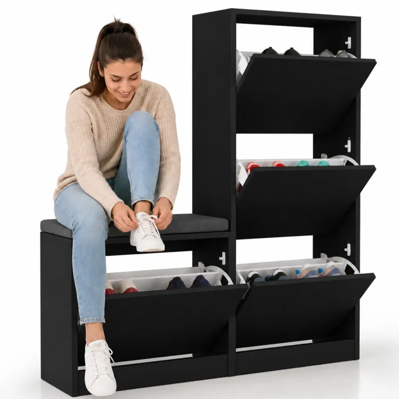 Saldi Scarpiera Salvaspazio 3 Ante Mobile Portascarpe 105x118,5 cm Multiuso Nero