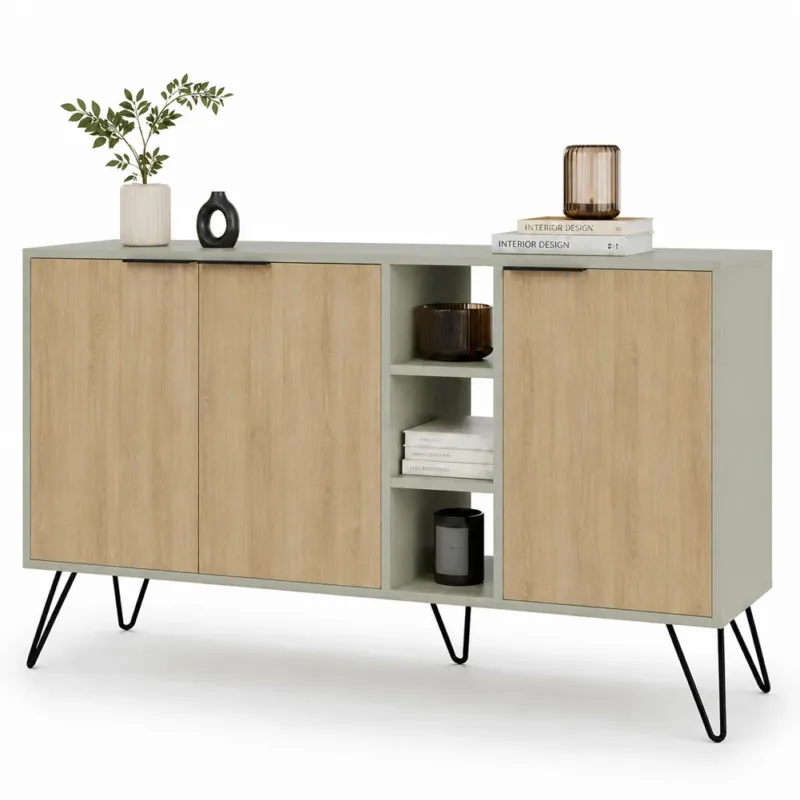 Madia Moderna Credenza con 3 Ante e Vani a Giorno 142x83 cm Quercia e Verde Promozione Esclusiva