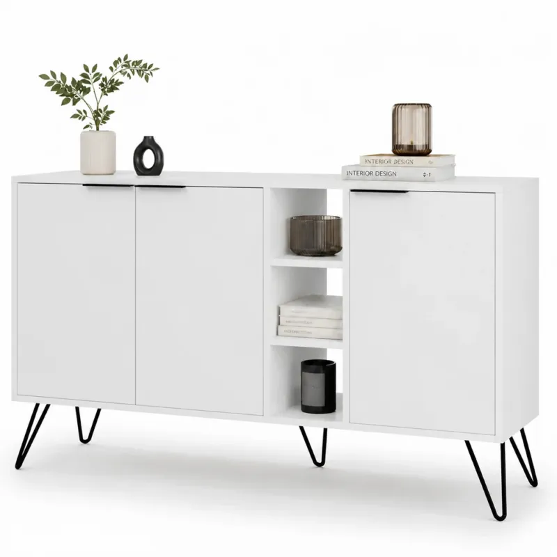 Prezzo Ridotto Madia Moderna Credenza con 3 Ante e Vani a Giorno 142x83 cm Zaffiro di Bianco