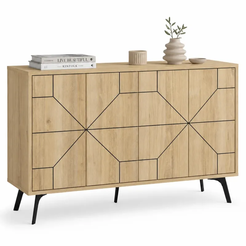 Madia con 4 Ante Credenza Design Geometrico Moderno in Legno 123x77 cm Quercia Esclusivo